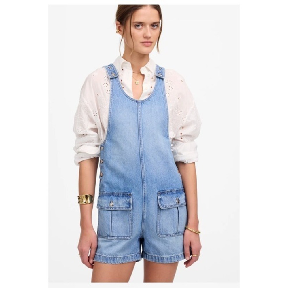 Madewell Scoopneck‎ Denim Shortalls Chambray Blue XXS Button Front Patch Pockets